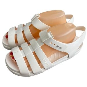 Crocs White Fisherman Jelly Sandals Sz 10 Splash Glossy Coastal Nautical Comfort